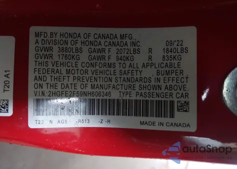 2022 Honda Civic Sport из США, поврежденный, VIN 2HGFE2F59NH606346